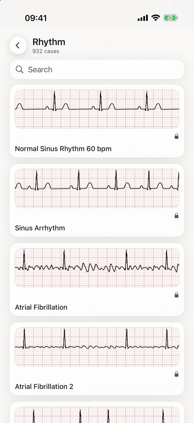 ECG Pro casebook list showing rhythm cases with their trace previews